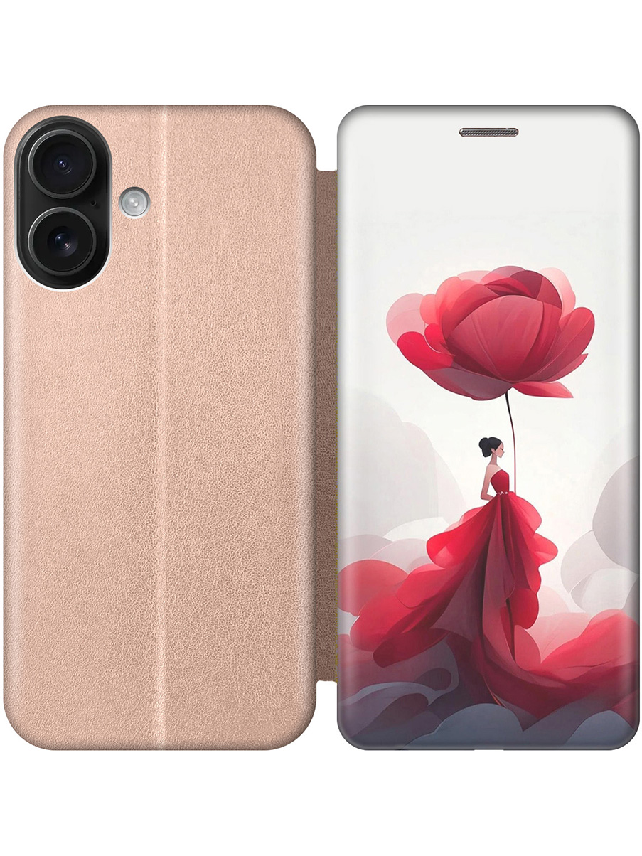 

Чехол-книжка на Apple iPhone 16 с принтом "Цветочная девушка в красном" золотой, Золотистый;белый;красный, 785196521