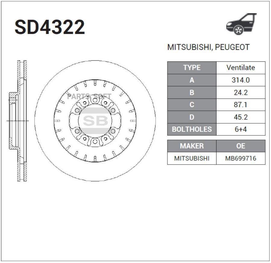 

Тормозной диск Sangsin brake комплект 1 шт. SD4322