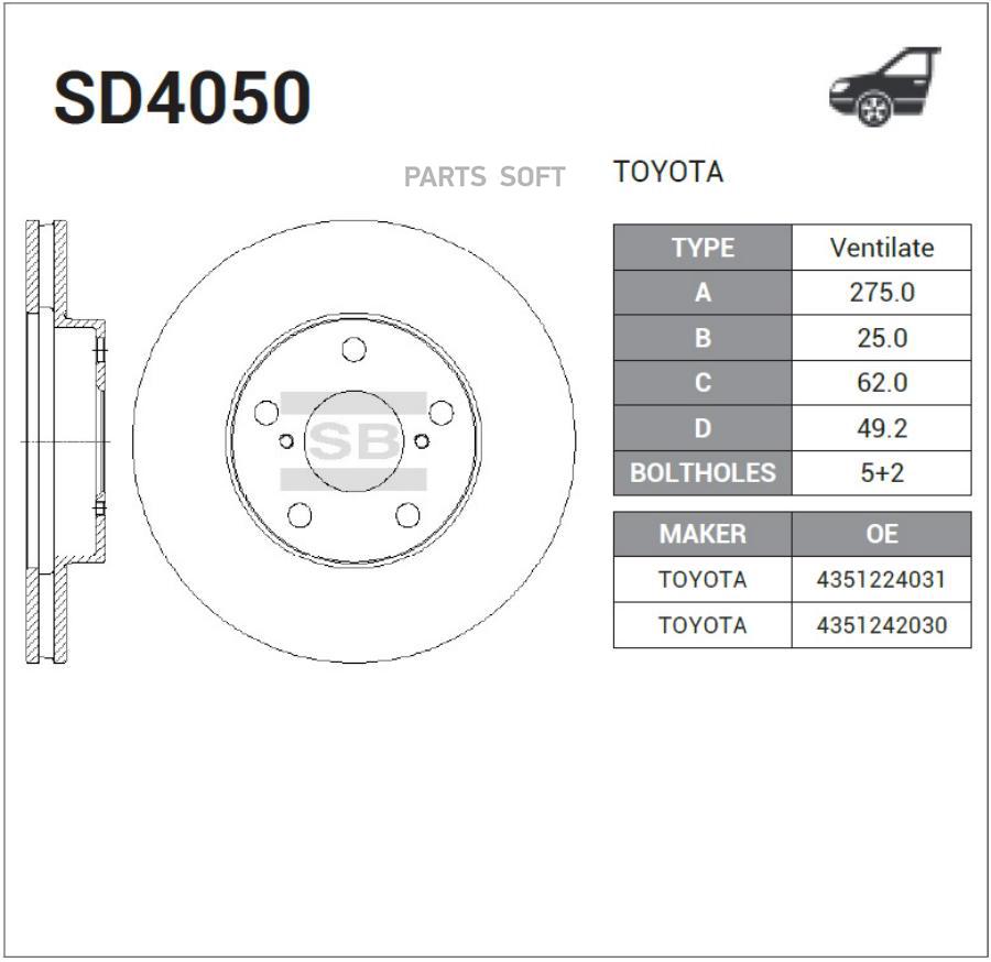 

Тормозной диск Sangsin brake комплект 1 шт. SD4050