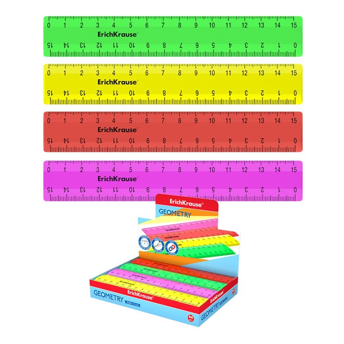 

Линейка 15 см ErichKrause Neon Solid, пластик, микс из 4 цветов, в коробке-дисплее, Разноцветный