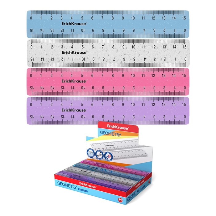 

Линейка 15 см ErichKrause Glitter, пластик, микс из 4 цветов, в коробке-дисплее