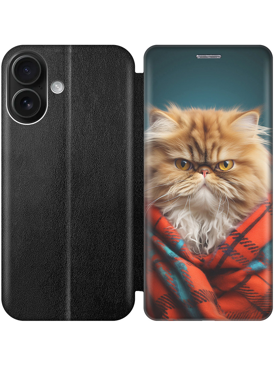 

Чехол-книжка на Apple iPhone 16 с принтом "Недовольный котик" черный, Черный;красный;синий, 785196512