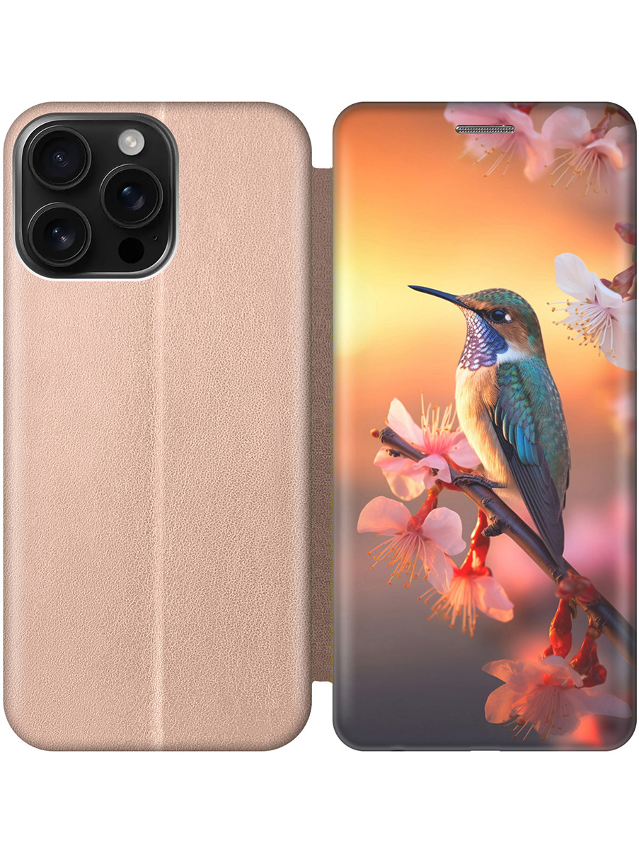 

Чехол-книжка на Apple iPhone 16 Pro Max с принтом "Птичка и закат" золотой, Золотистый;желтый;красный, 785198321