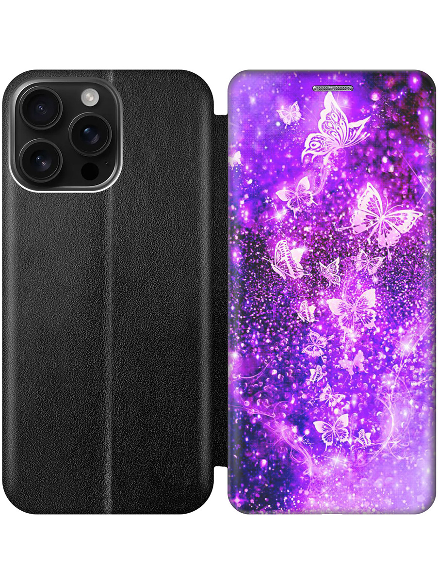 

Чехол-книжка на Apple iPhone 16 Pro Max с принтом "Фиолетовые бабочки" черный, Черный;фиолетовый, 785198321
