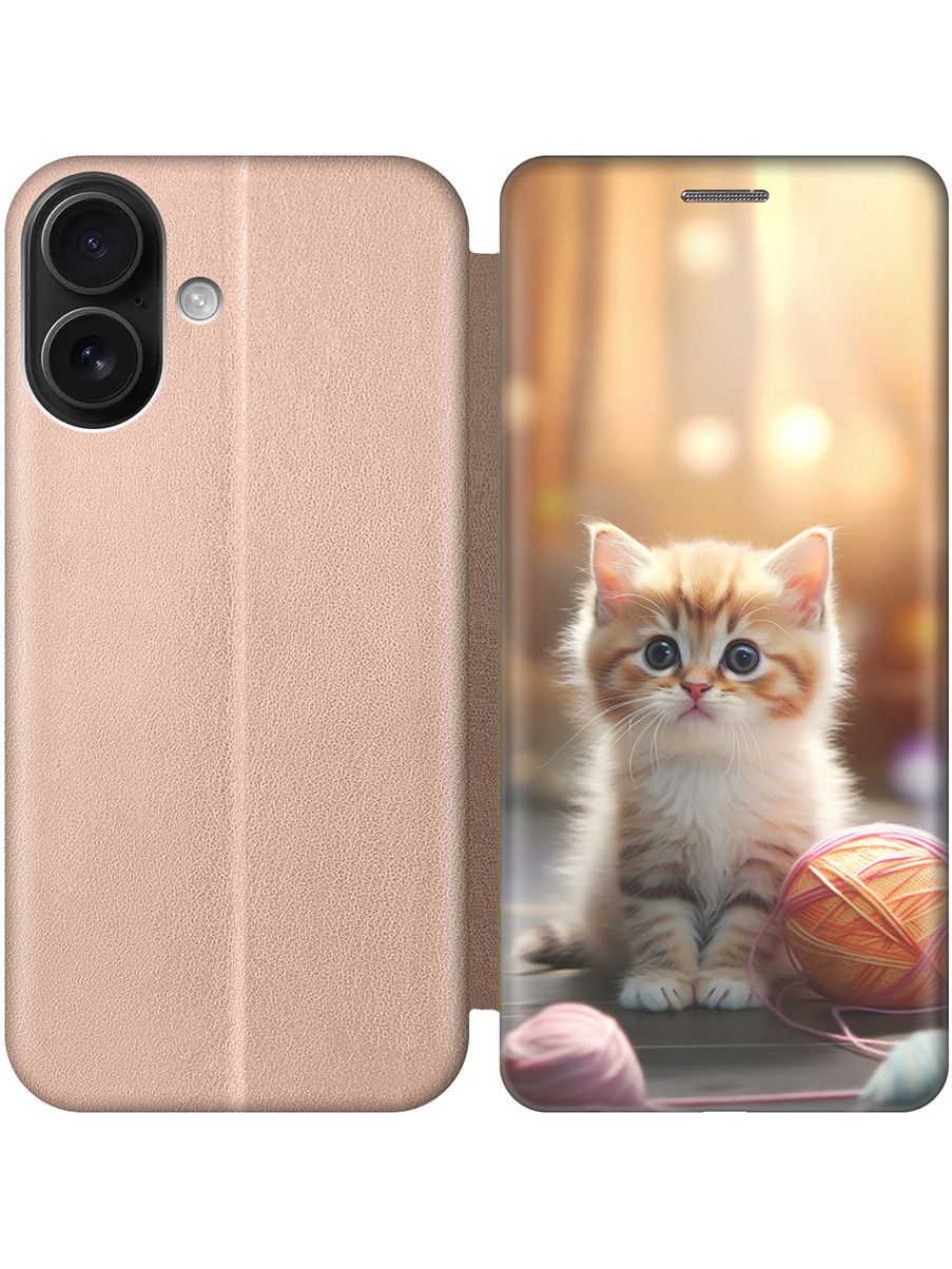 

Чехол-книжка на Apple iPhone 16 с принтом "Котик и нитки" золотой, Золотистый;белый;желтый;розовый, 785196511