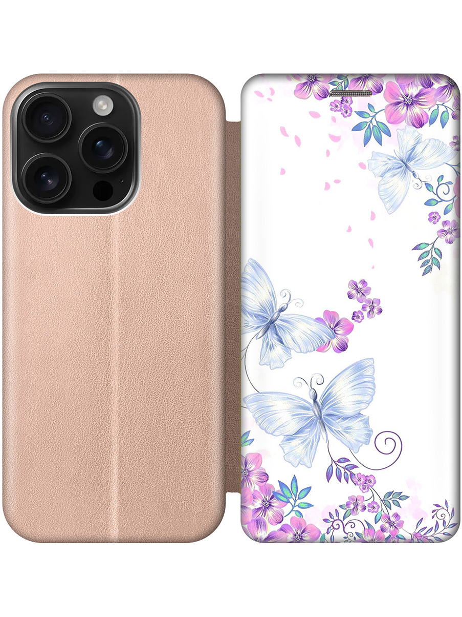 

Чехол-книжка на Apple iPhone 16 Pro с принтом "Бабочки и фиалки" золотой, Золотистый;белый;фиолетовый, 785197723