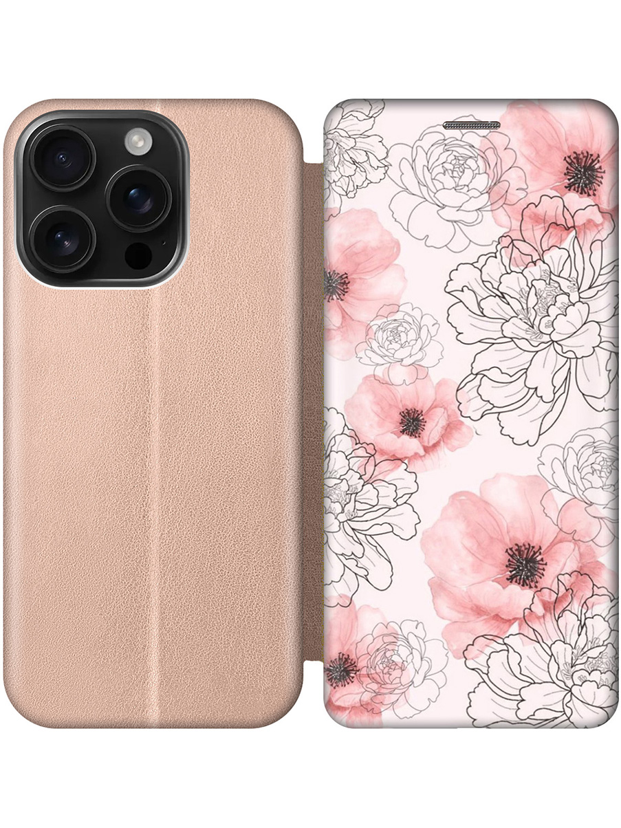 

Чехол-книжка на Apple iPhone 16 Pro с принтом "Нежно-розовые цветы" золотой, Золотистый;розовый, 785197723