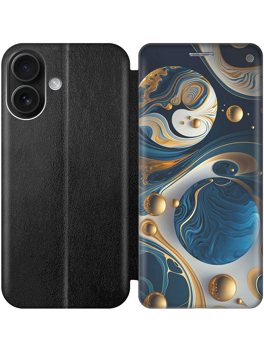 

Чехол-книжка на Apple iPhone 16 с принтом "Сине-золотые фигуры" черный, Черный;желтый;синий, 785196532