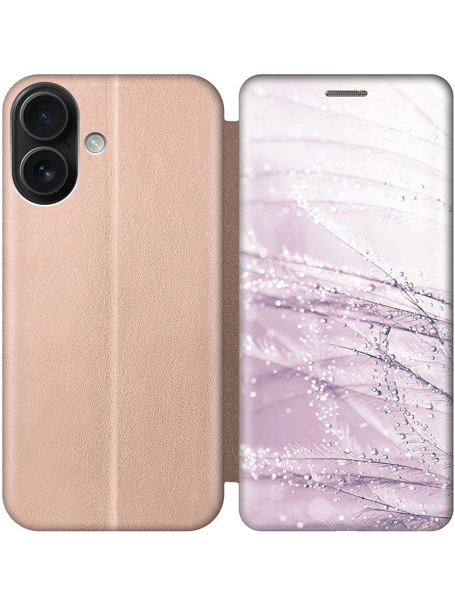 

Чехол-книжка на Apple iPhone 16 с принтом "Капли на розовой траве" золотой, Золотистый;розовый, 785196523