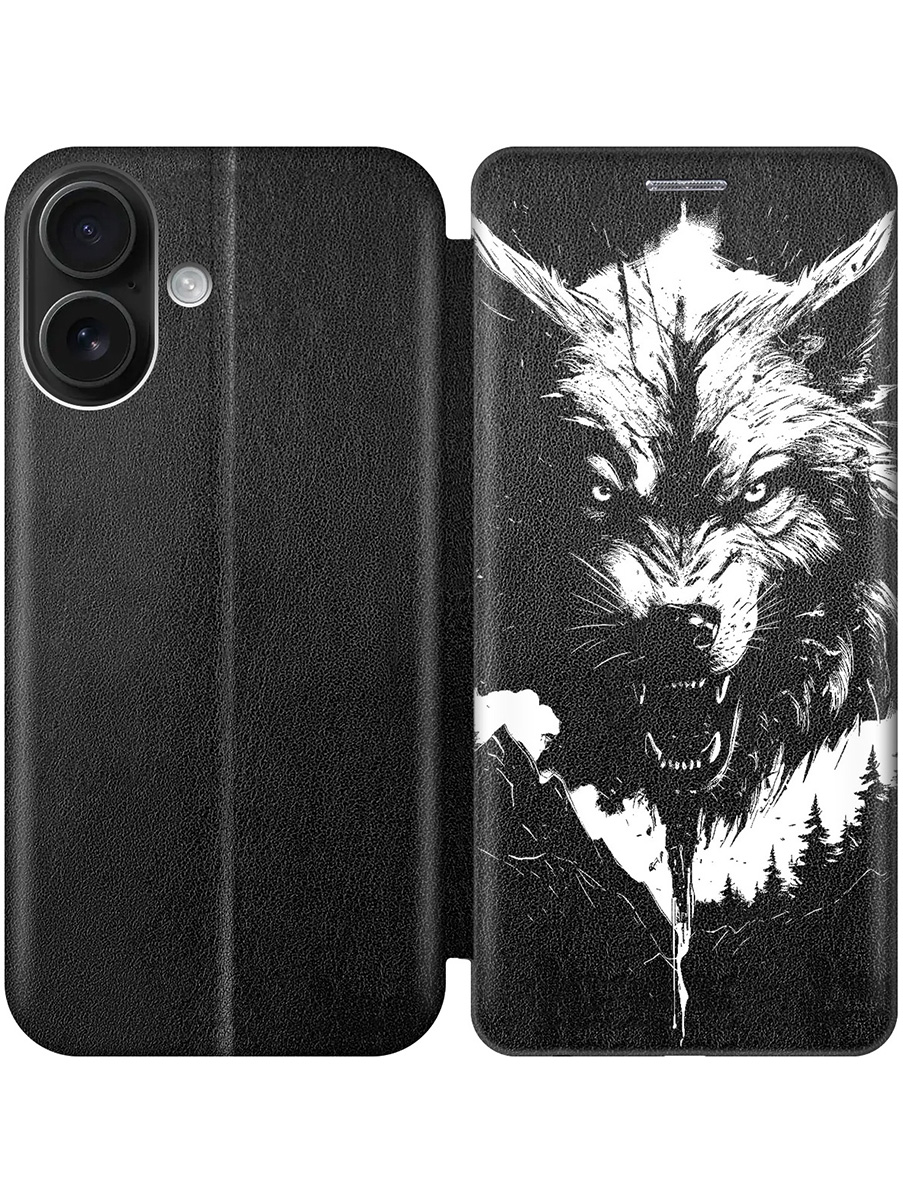 

Чехол-книжка на Apple iPhone 16 с принтом "Волк и горы" черный, Черный;белый, 785196513