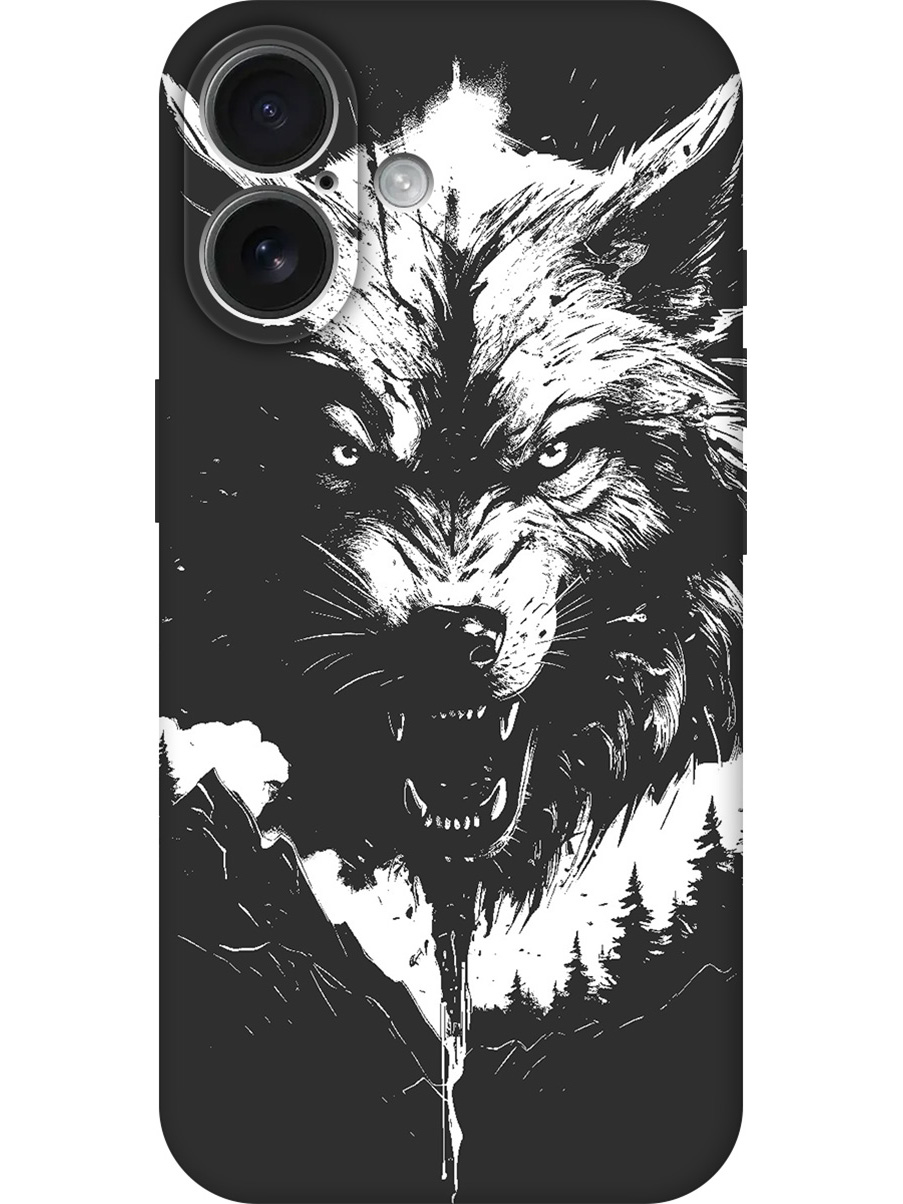 

Силиконовый чехол на Apple iPhone 16 с принтом "Волк и горы" матовый черный, Черный;белый, 785196513