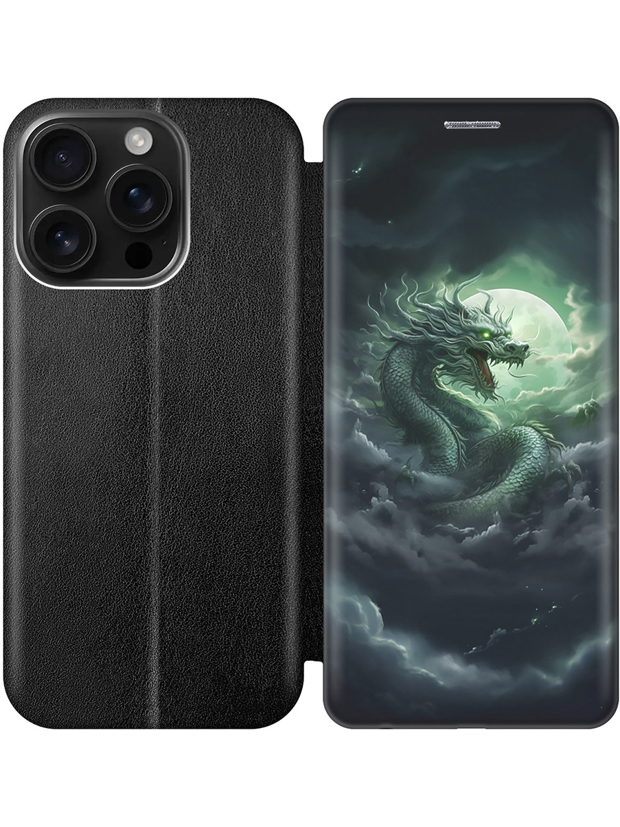 

Чехол-книжка на Apple iPhone 16 Pro с принтом "Дракон на фоне луны и облаков" черный, Черный;белый;зеленый, 785197712