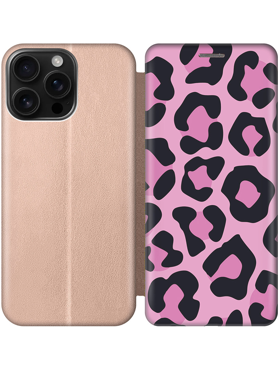 

Чехол-книжка на Apple iPhone 16 Pro Max с принтом "Паттерн розовый леопард" золотой, Золотистый;розовый;черный, 785198332