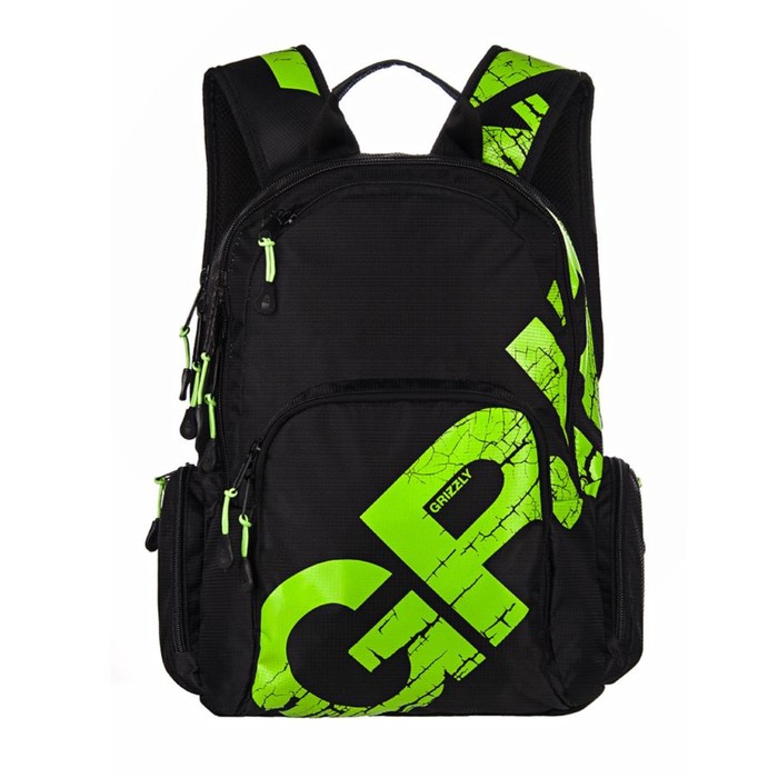 Grizzly Рюкзак молодежный Grizzly, эргономичная спинка, 42 х 30 х 22 см, черный/салатовый
