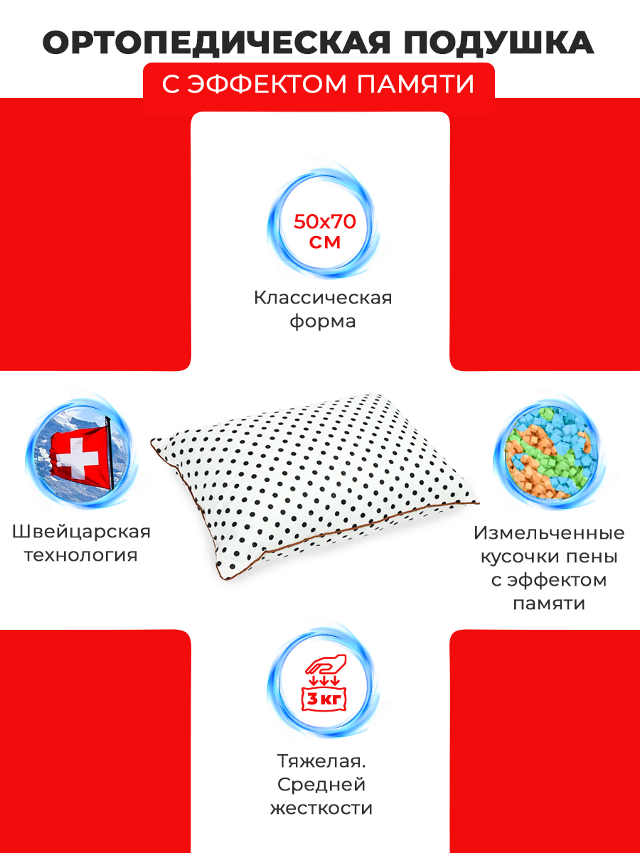 Подушка для сна Dr. Zurich 50х70 см, с эффектом памяти из гранул Memory Foam