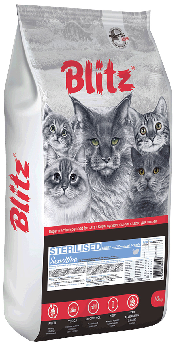 

Сухой корм для кошек Blitz Sensitive, для стерилизованных, с индейкой, 10 кг