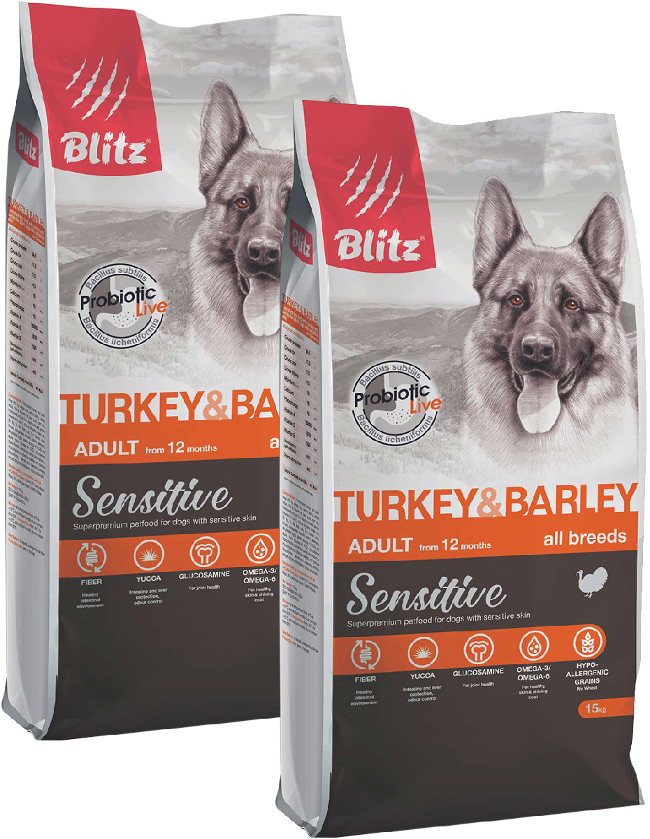 

BLITZ BLITZ SENSITIVE ADULT ALL BREEDS TURKEY & BARLEY для взрослых собак всех пород с инд