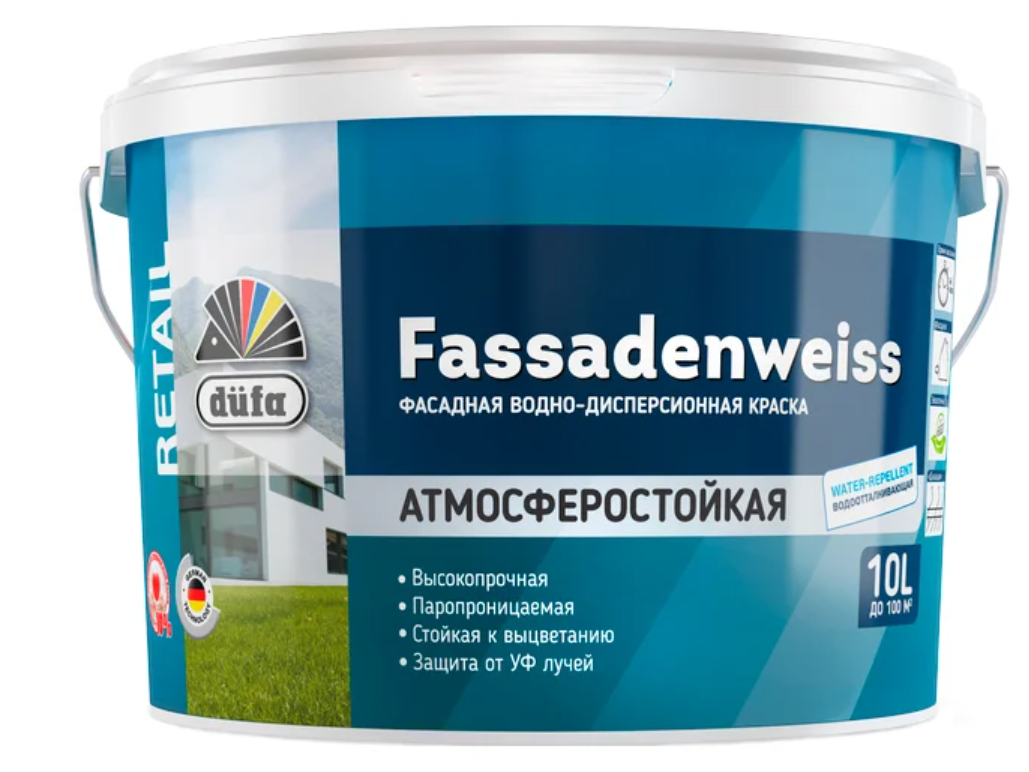 Краска фасадная водно-дисперсионная Dufa Retail Fassadenweiss глубокоматовая база 3 10 л. водно дисперсионная фасадная краска master farbe