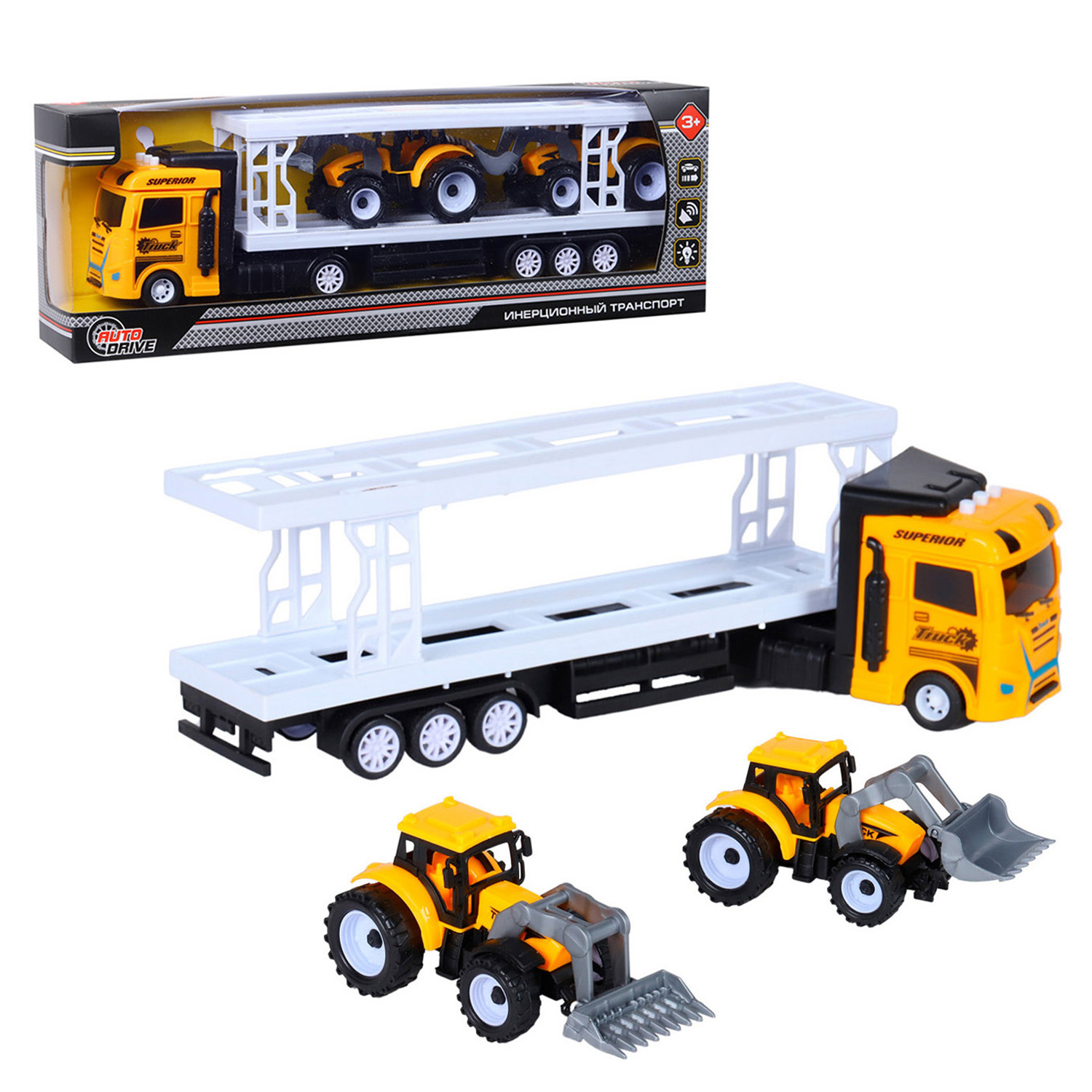 

Игрушечная машинка AUTO DRIVE Автовоз с 2-мя тракторами звук/свет, желтый, JB0404521