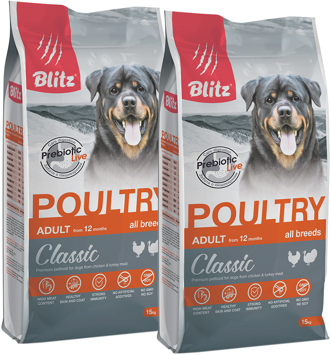

Сухой корм для взрослых собак Blitz Classic Adult All Breeds Poultry, птица, 2 шт по 15 кг