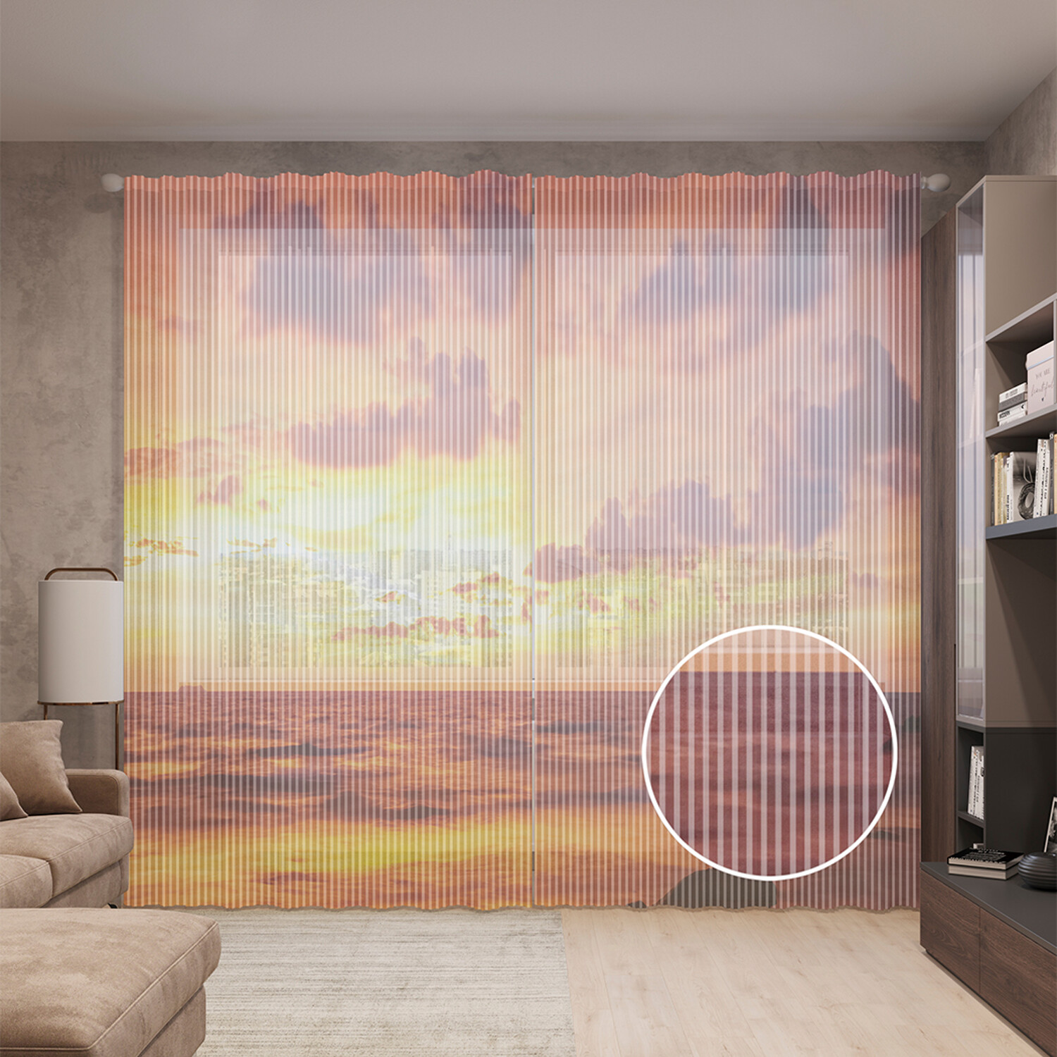 

Тюль вуаль на шторной ленте с принтом JoyArty "Нежный закат", 310х265 см, Нежный закат