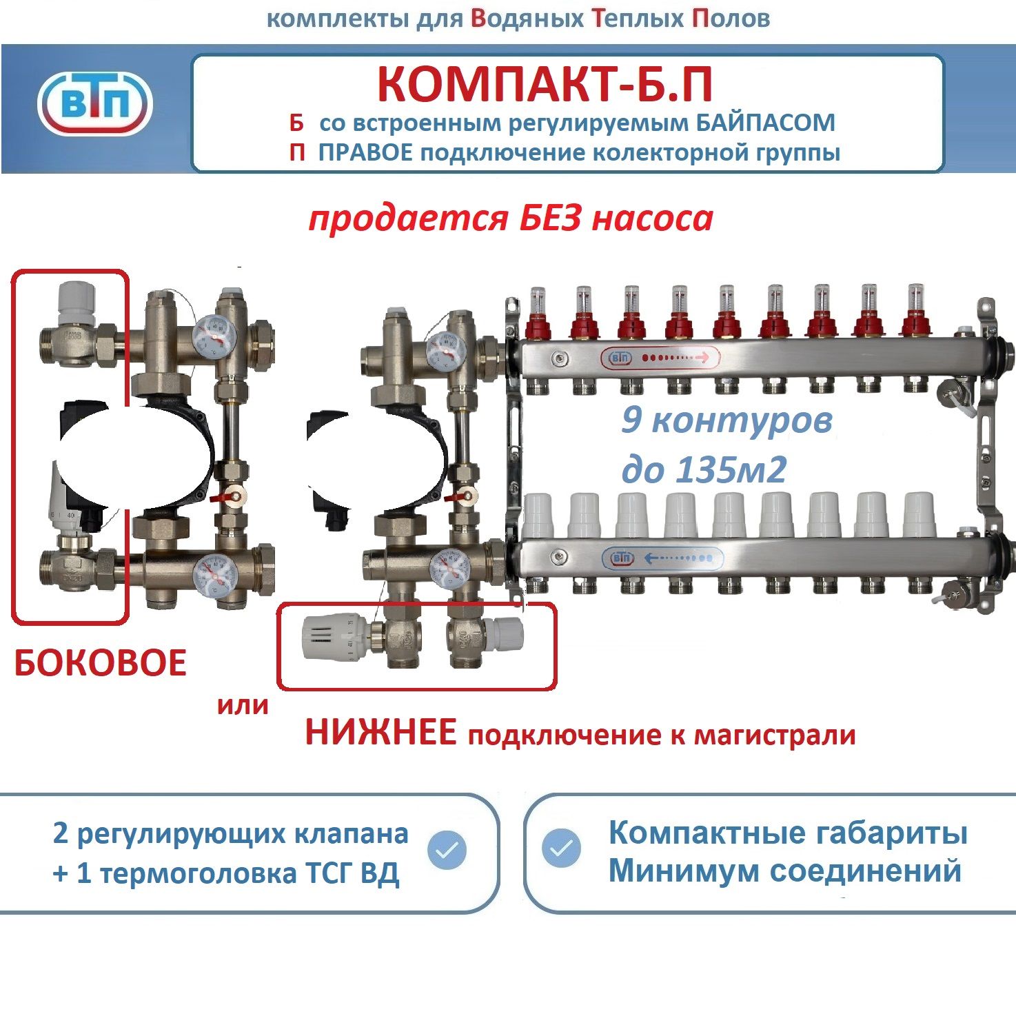 Коллекторы теплого пола ВТП КОМПАКТ-Б.П (с байпасом) 9 контуров справа, НСУ БЕЗ насоса