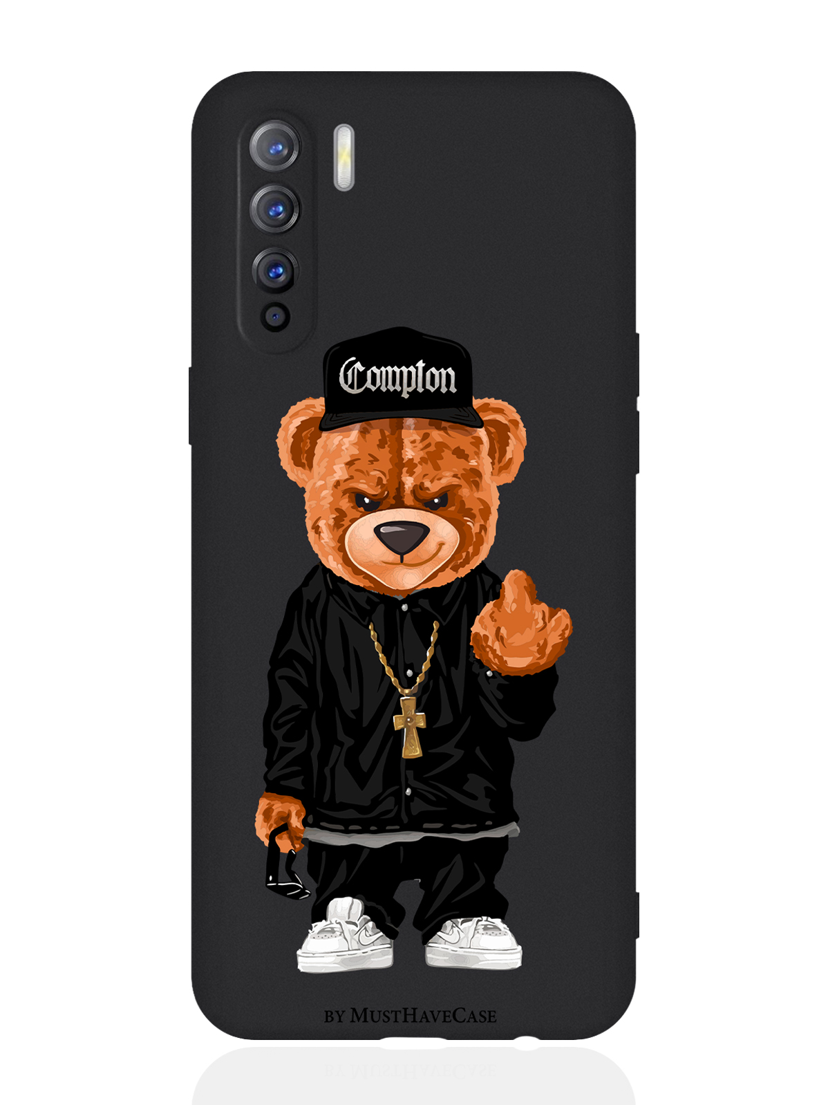 

Чехол для смартфона Oppo A91/ Oppo Reno3 черный силиконовый Мишка Compton, Коричневый;черный;белый
