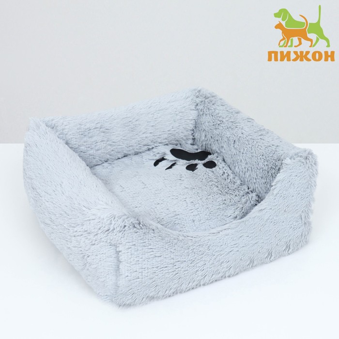 Лежанка для животных Пижон, с подушкой, серая, мех, 45 х 45 х15 см