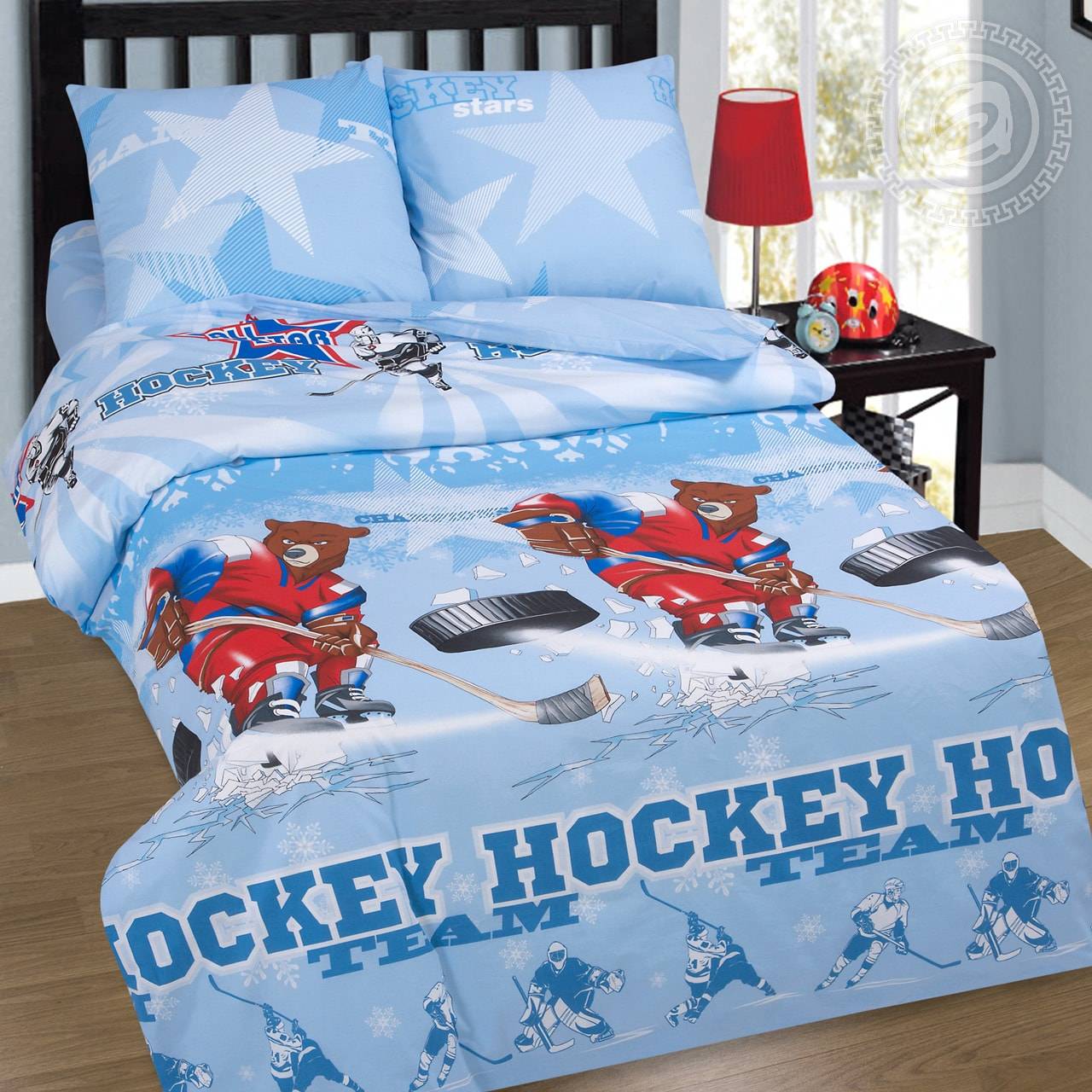 фото Постельное белье mercury home «хоккей 3» 2 сп с европростыней 2 наволочки 70x70