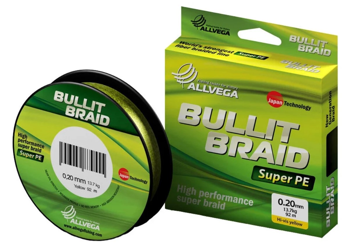 

Плетеный шнур Allvega "Bullit Braid" 92м 0,20мм 13,7кг (ярко-желтый), Bullit Braid