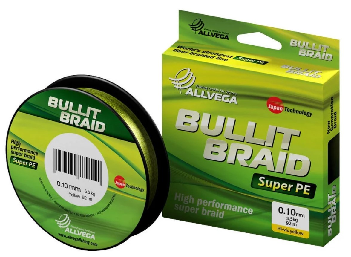 

Плетеный шнур Allvega "Bullit Braid" 92м 0,10мм 5,5кг (ярко-желтая), Желтый, Bullit Braid