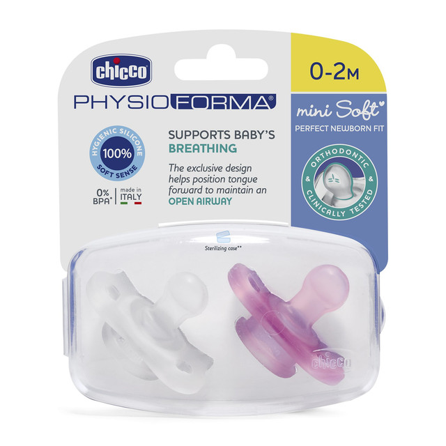 

Пустышка Chicco Physio Soft Mini, 2шт.,0-2 мес., силикон,розовая, Розовый, Physio Soft Mini 0-2 мес