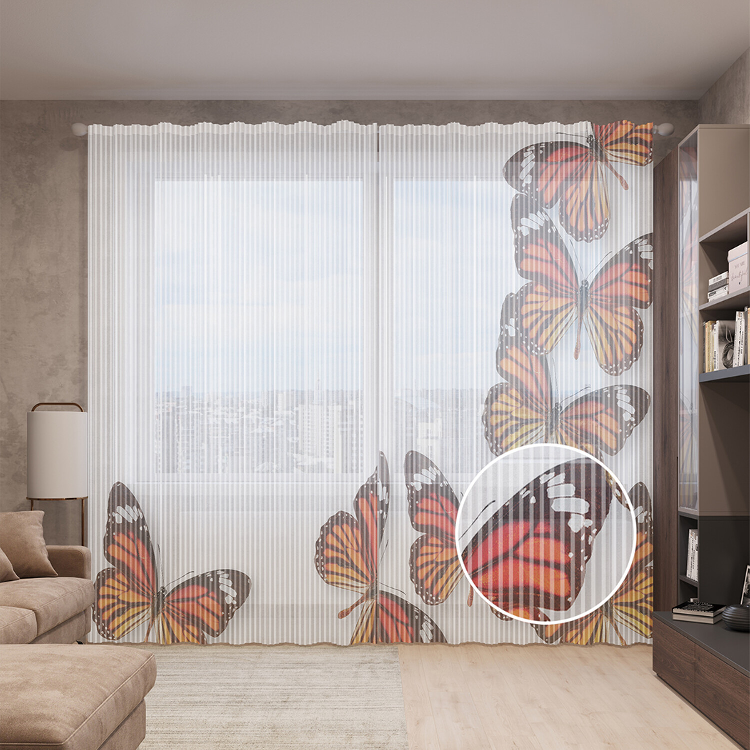 фото Тюль вуаль на шторной ленте с принтом joyarty "бабочки завлекают", 310х265 см