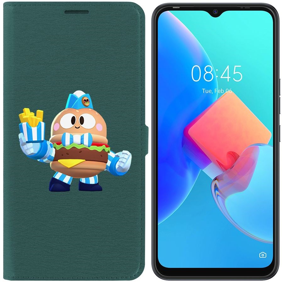 

Чехол-книжка Krutoff Eco Book для Tecno Spark 8C Brawl Stars-Бургер Лу (зелёный опал)