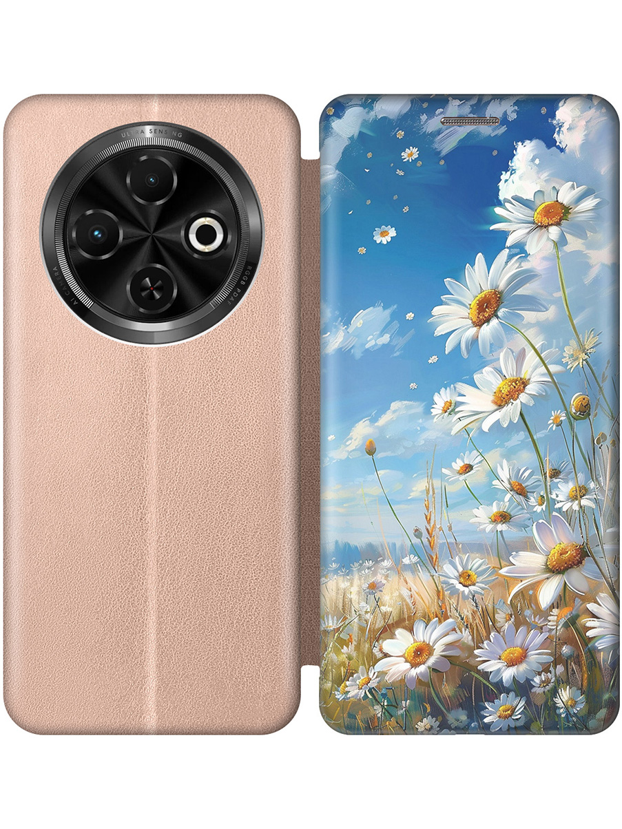 

Чехол-книжка на Tecno Spark 30C с принтом "Ромашки на поле" золотой, Золотистый;белый;синий, 786716322
