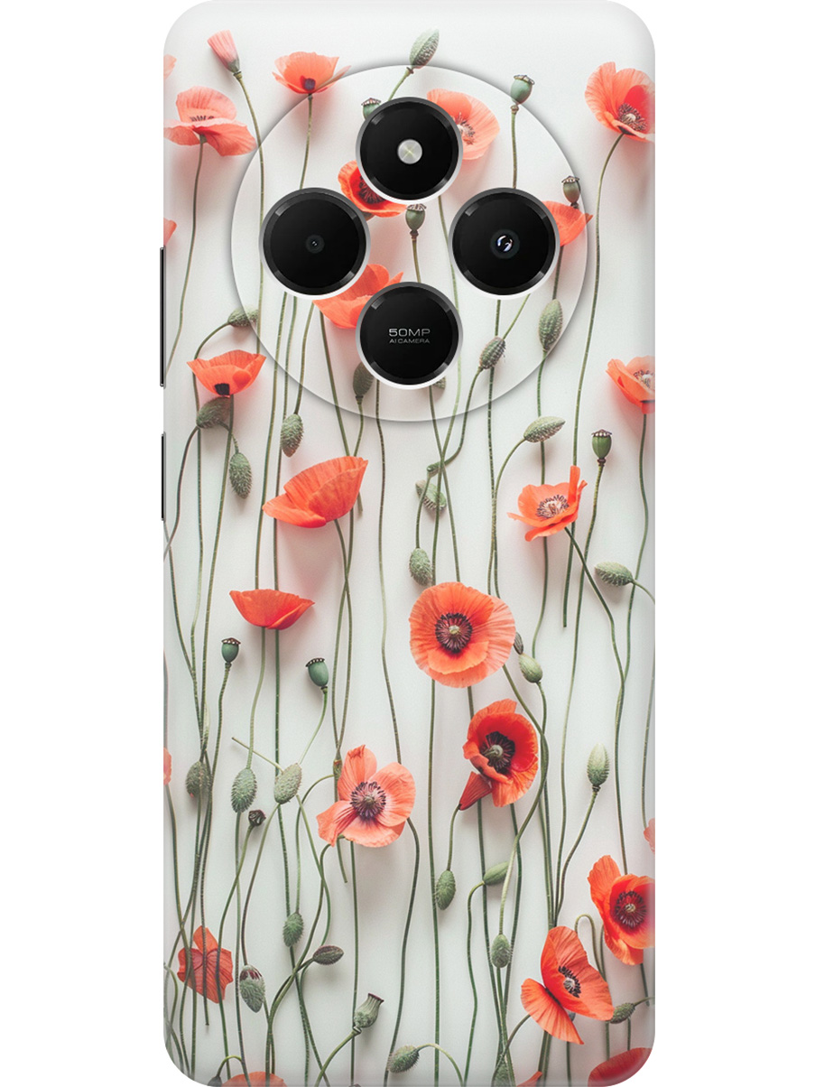 

Силиконовый чехол на Xiaomi Redmi 14C / Poco C75 с принтом "Маки на белой стене", Прозрачный;белый;красный, 786715722