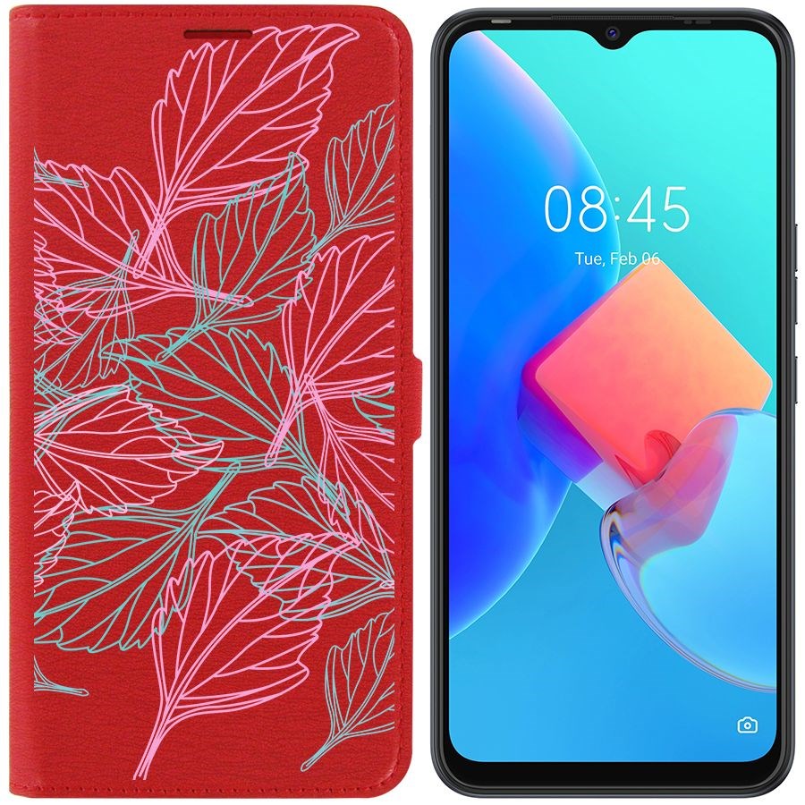 Чехол-книжка Krutoff Eco Book для Tecno Spark 8C Листья паттерн (красный)