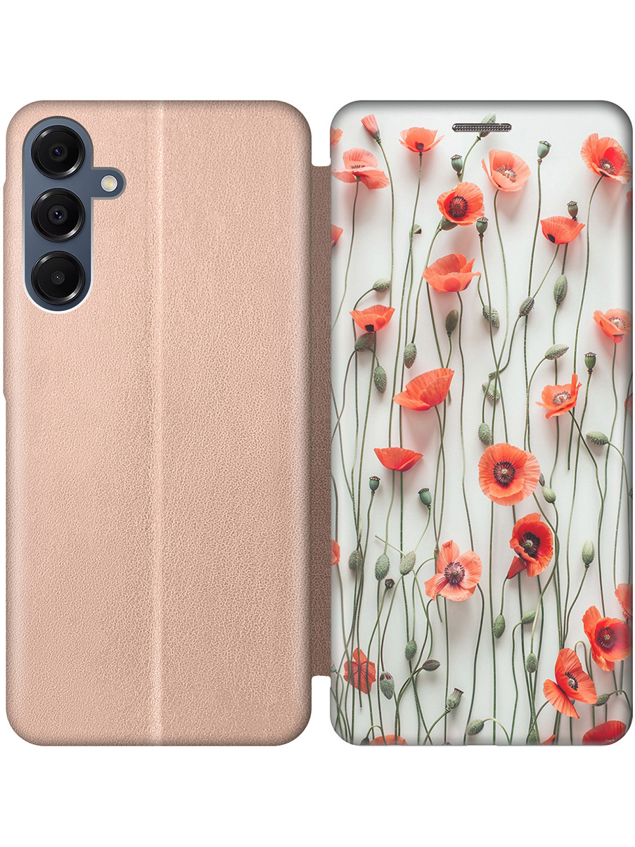 

Чехол-книжка на Samsung Galaxy A16 с принтом "Маки на белой стене" золотой, Золотистый;белый;красный, 786721722