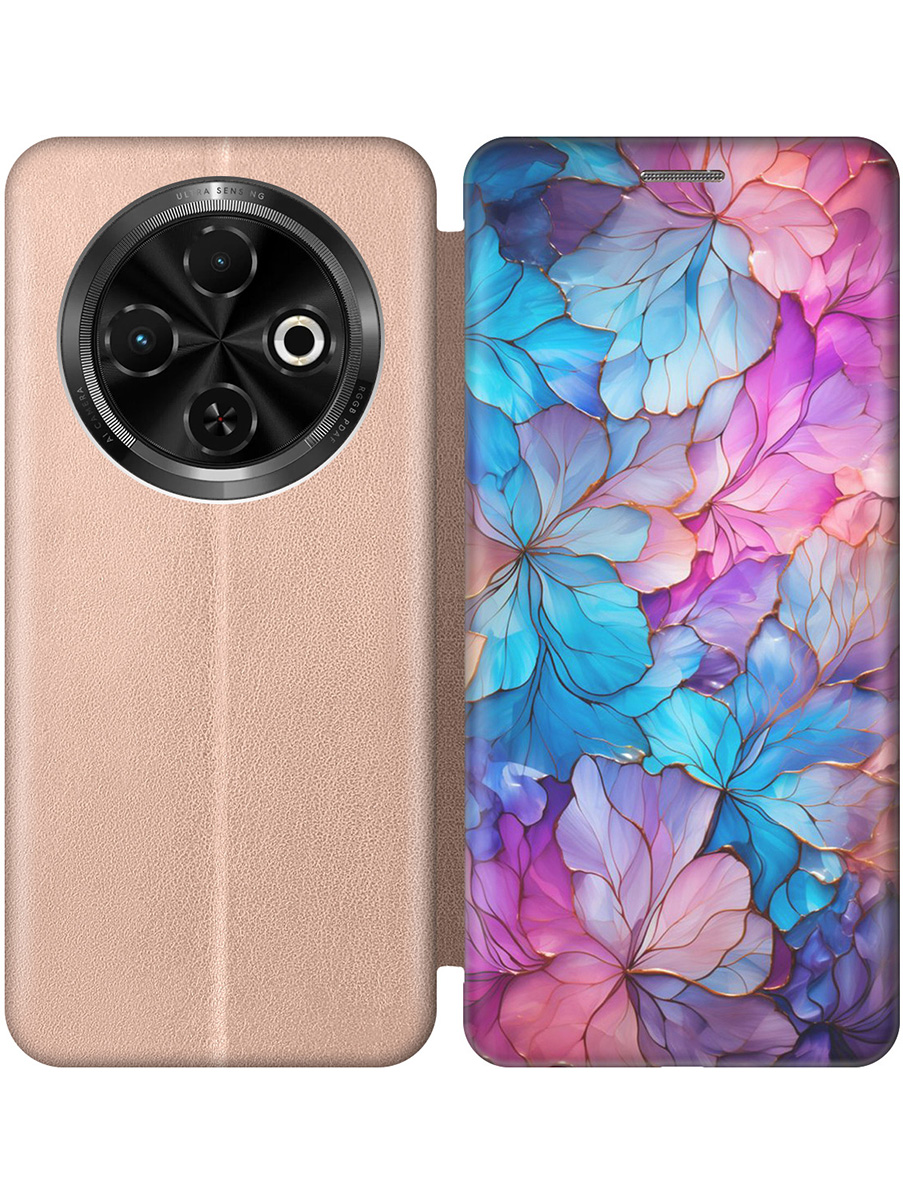 

Чехол-книжка на Tecno Spark 30C с принтом "Цветочный витраж" золотой, Золотистый;голубой;розовый, 786716322