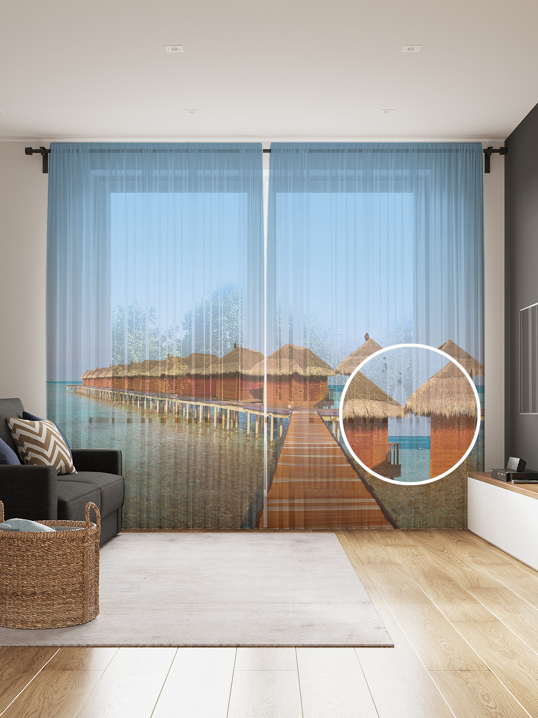 

Фототюль JoyArty "Домики над водой", 145x265см (2 полотна со шторной лентой + 50 крючков), Домики над водой