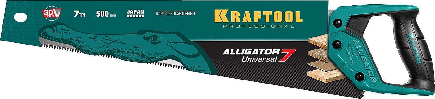 kraftool alligator universal 7 400 мм универсальная ножовка 15004 40 Ножовка универсальная Alligator Universal 7, 500 мм, 7 TPI 3D зуб, KRAFTOOL