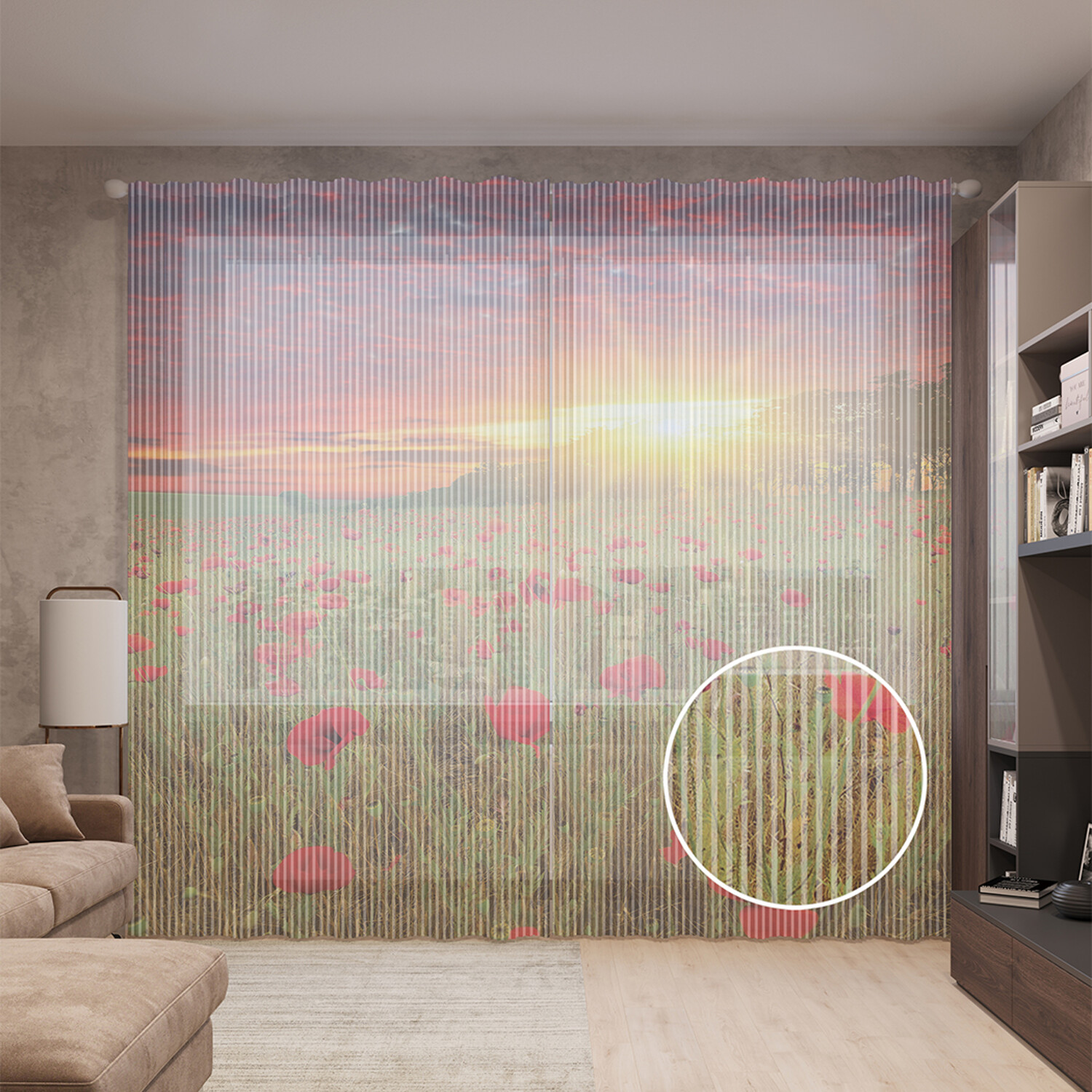 

Тюль вуаль на шторной ленте с принтом JoyArty "Маки на закате", 310х265 см, Маки на закате