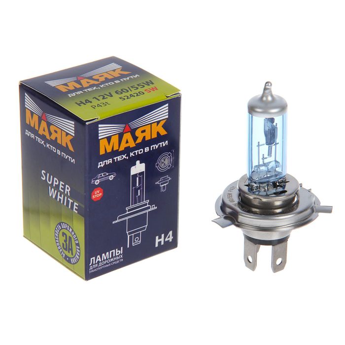 

Лампа автомобильная Маяк Super White, H4, 12 В, 60/55 Вт