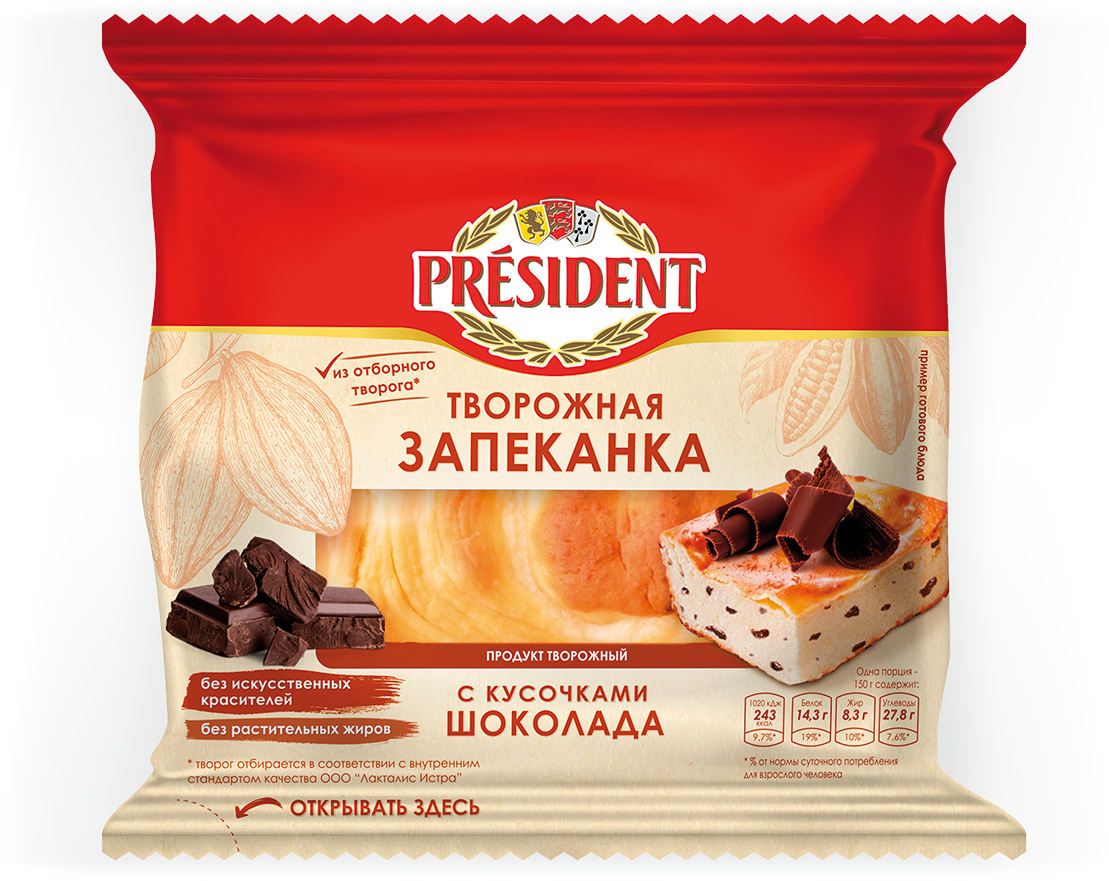 

Запеканка творожная President с кусочками шоколада 5,5% 150 г
