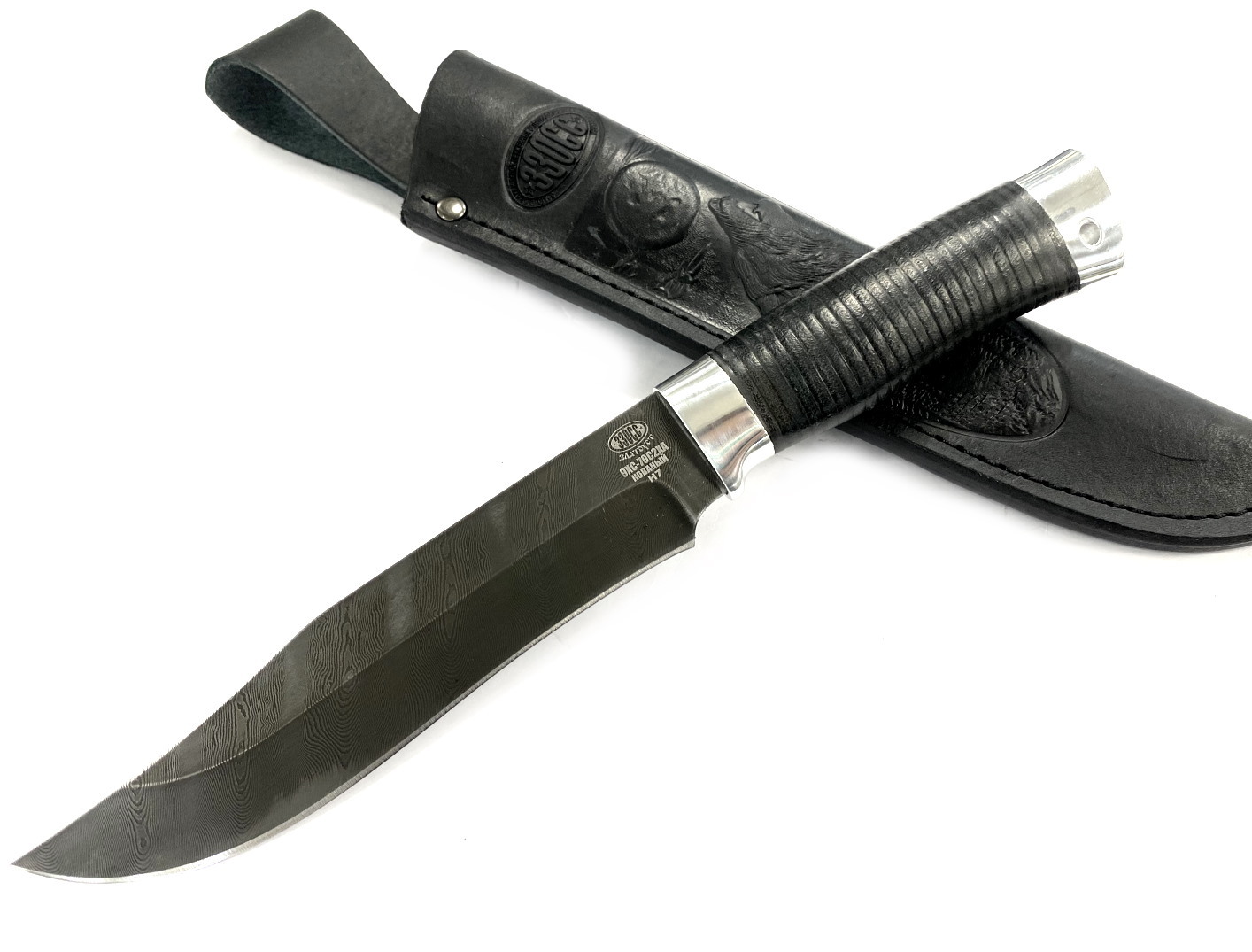 Нож Златоуст Спасатель Н7, черный дамаск (9ХС-70С2ХА), дюраль, кожа наборная