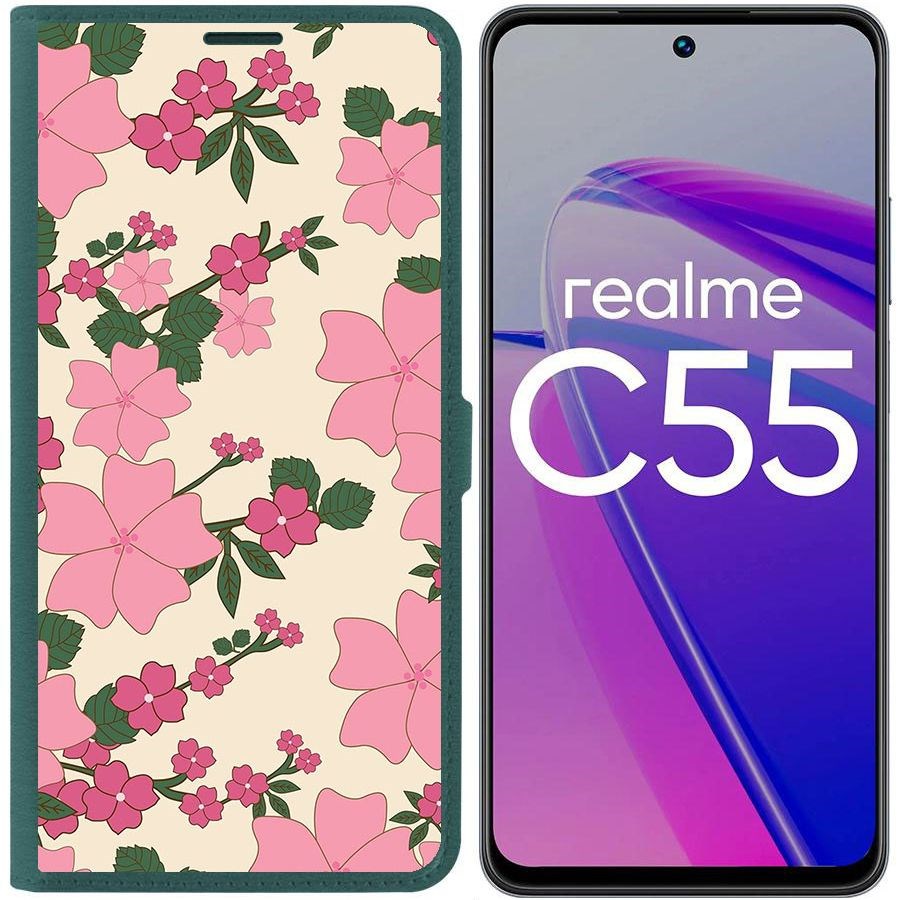 

Чехол-книжка Krutoff Eco Book для Realme C55 Цветочный паттерн 1 (зелёный опал)