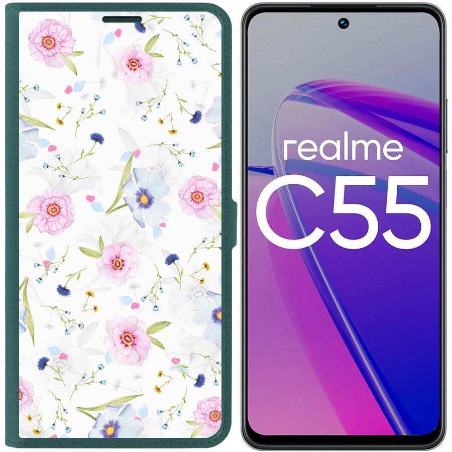 

Чехол-книжка Krutoff Eco Book для Realme C55 Цветочный паттерн 3 (зелёный опал)