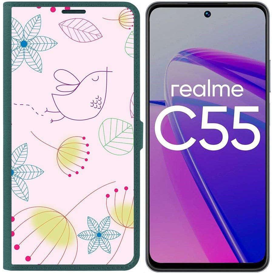 

Чехол-книжка Krutoff Eco Book для Realme C55 Цветочный паттерн 5 (зелёный опал)