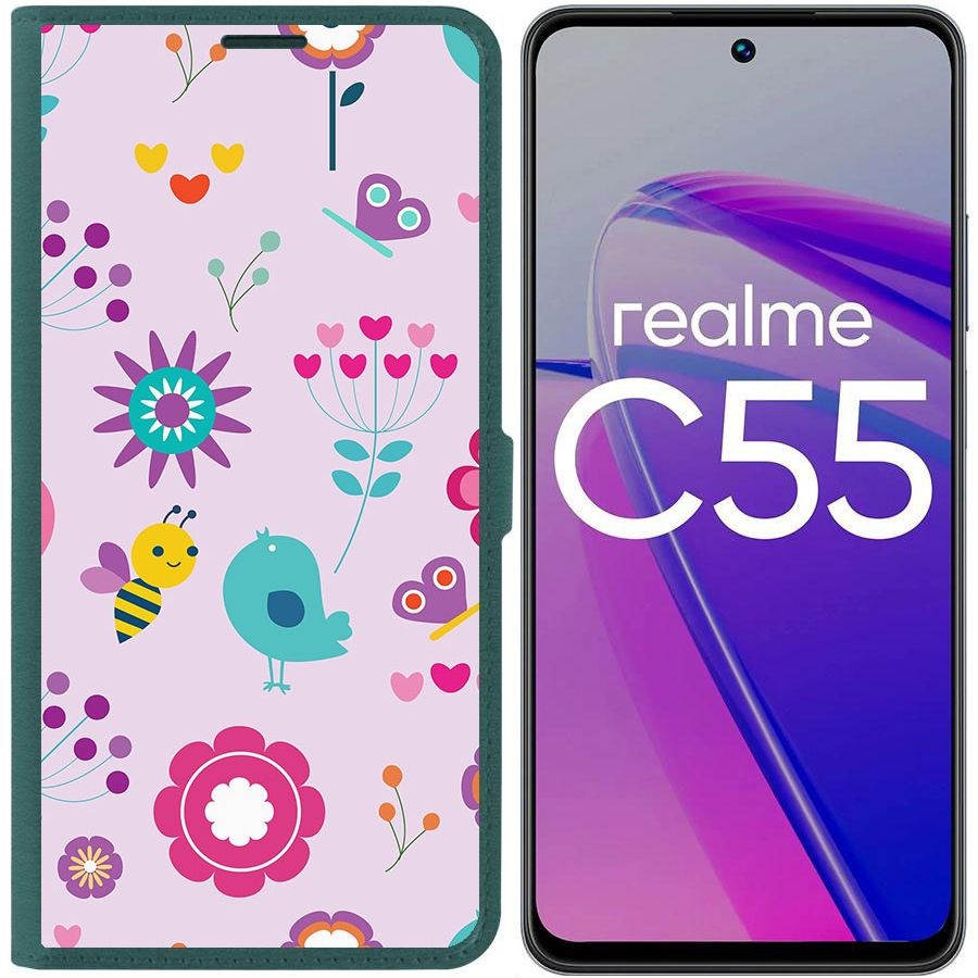 

Чехол-книжка Krutoff Eco Book для Realme C55 Цветочный паттерн 8 (зелёный опал)
