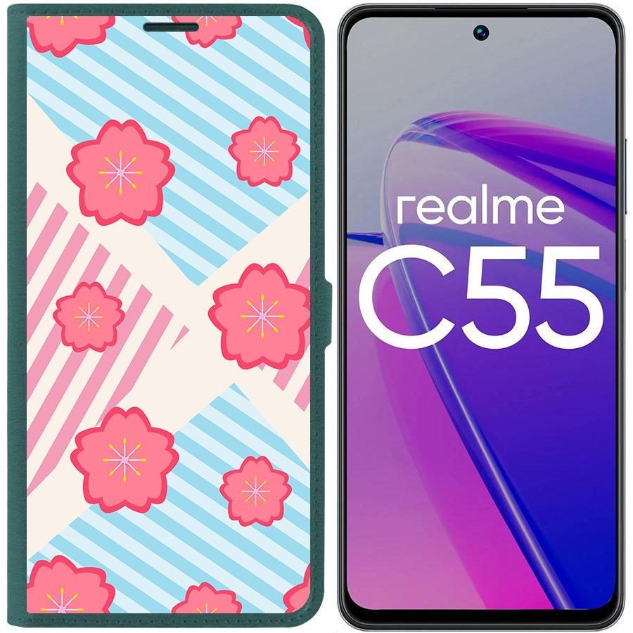 

Чехол-книжка Krutoff Eco Book для Realme C55 Цветочный паттерн 10 (зелёный опал)